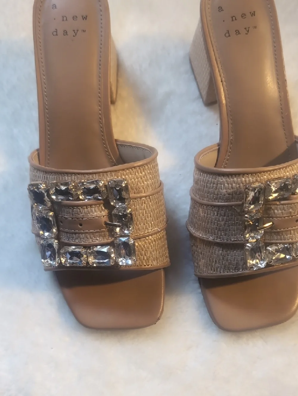 a new day Tan Jeweled Buckle Block Heel Slide Mules Size 8.5 - Picture 2 of 10